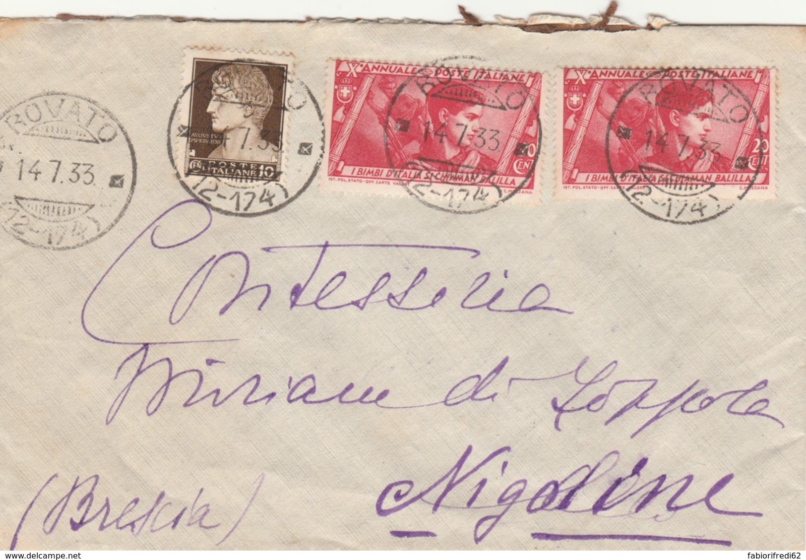 LETTERA 1933 CON 2X20 CENT. X ANNUALE +10 CENT TIMBRO ROVATO (LV17 - Storia Postale