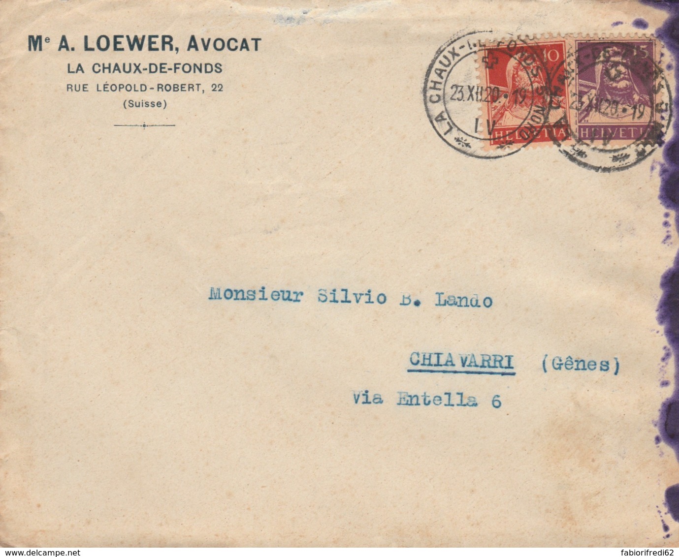 LETTERA 1920 SVIZZERA TIMBRO LA CHAUX (LV81 - Storia Postale