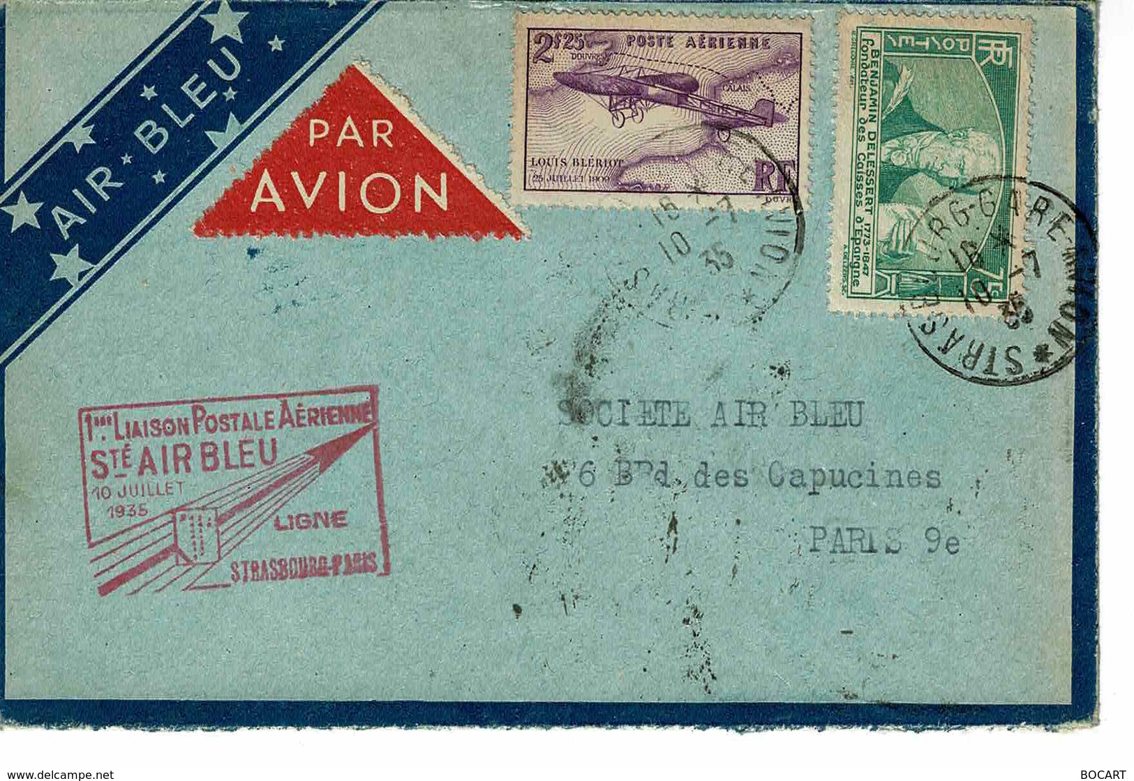 AVIATION , AIR BLEU 1 ERE LIAISON POSTALE AERIENNE STRASBOURG PARIS JUILLET1935 - Covers & Documents