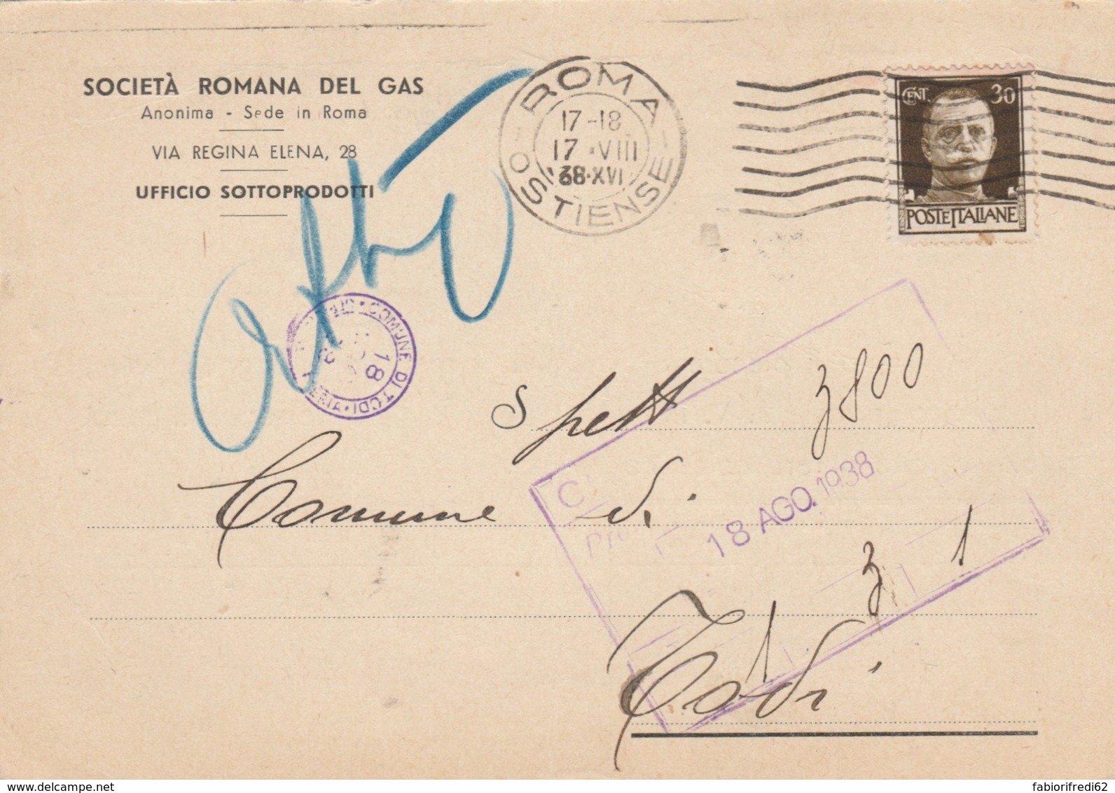 CARTOLINA POSTALE 1938 CENT.30 TIMBRO ROMA OSTIENSE -SOCIETA' ROMANA GAS (LV275 - Marcophilia