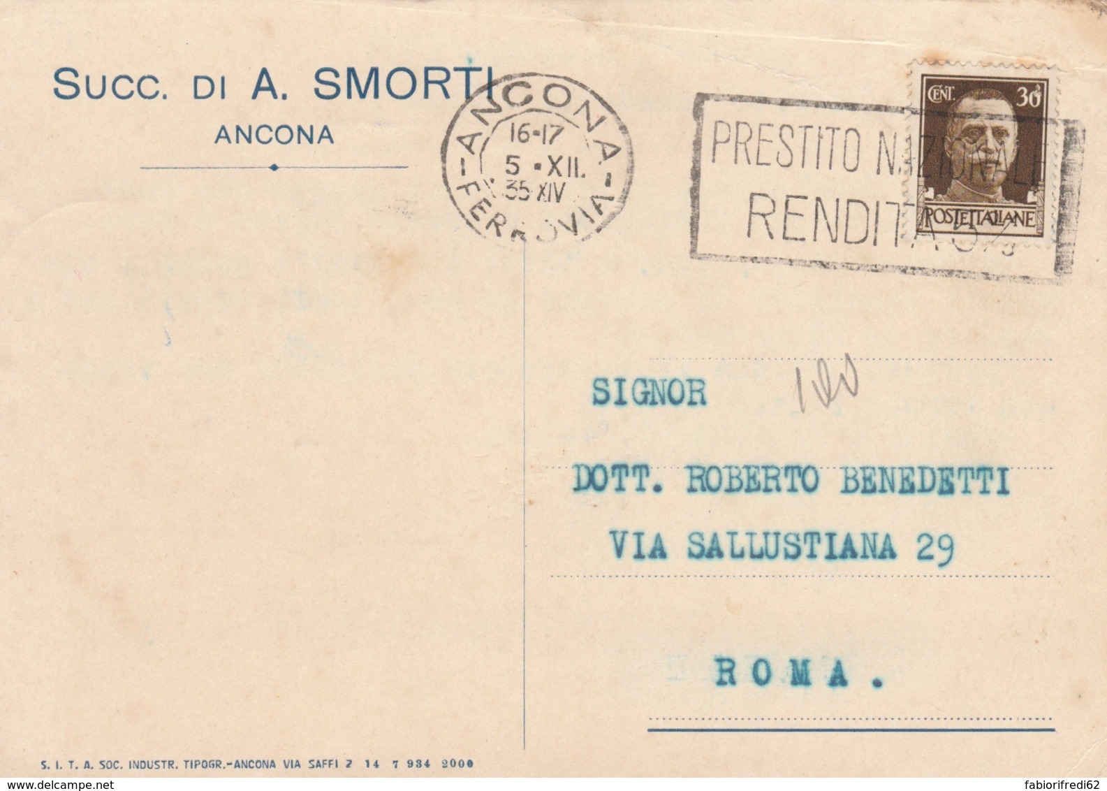 CARTOLINA POSTALE 1935 CENT.30 TIMBRO ANCONA PRESTITO NAZIONALE (LV282 - Marcophilia