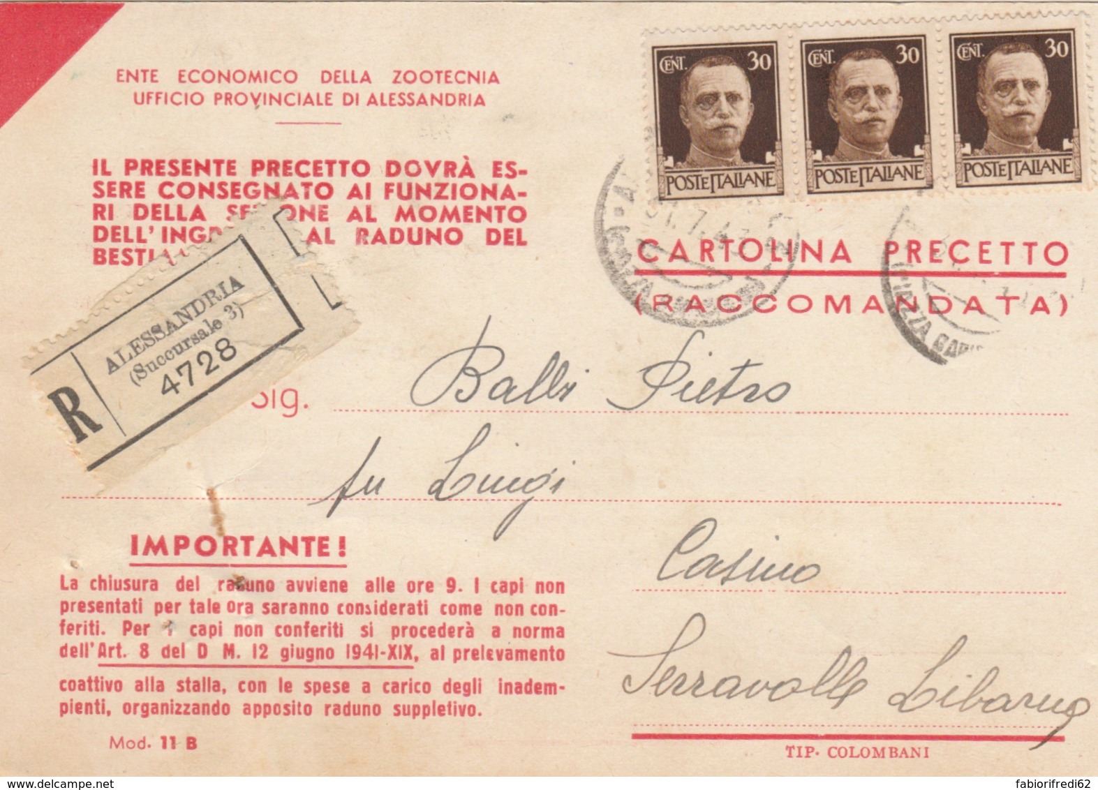 RACCOMANDATA CARTOLINA PRECETTO CON 3X30 C.1943  (LV429 - Storia Postale