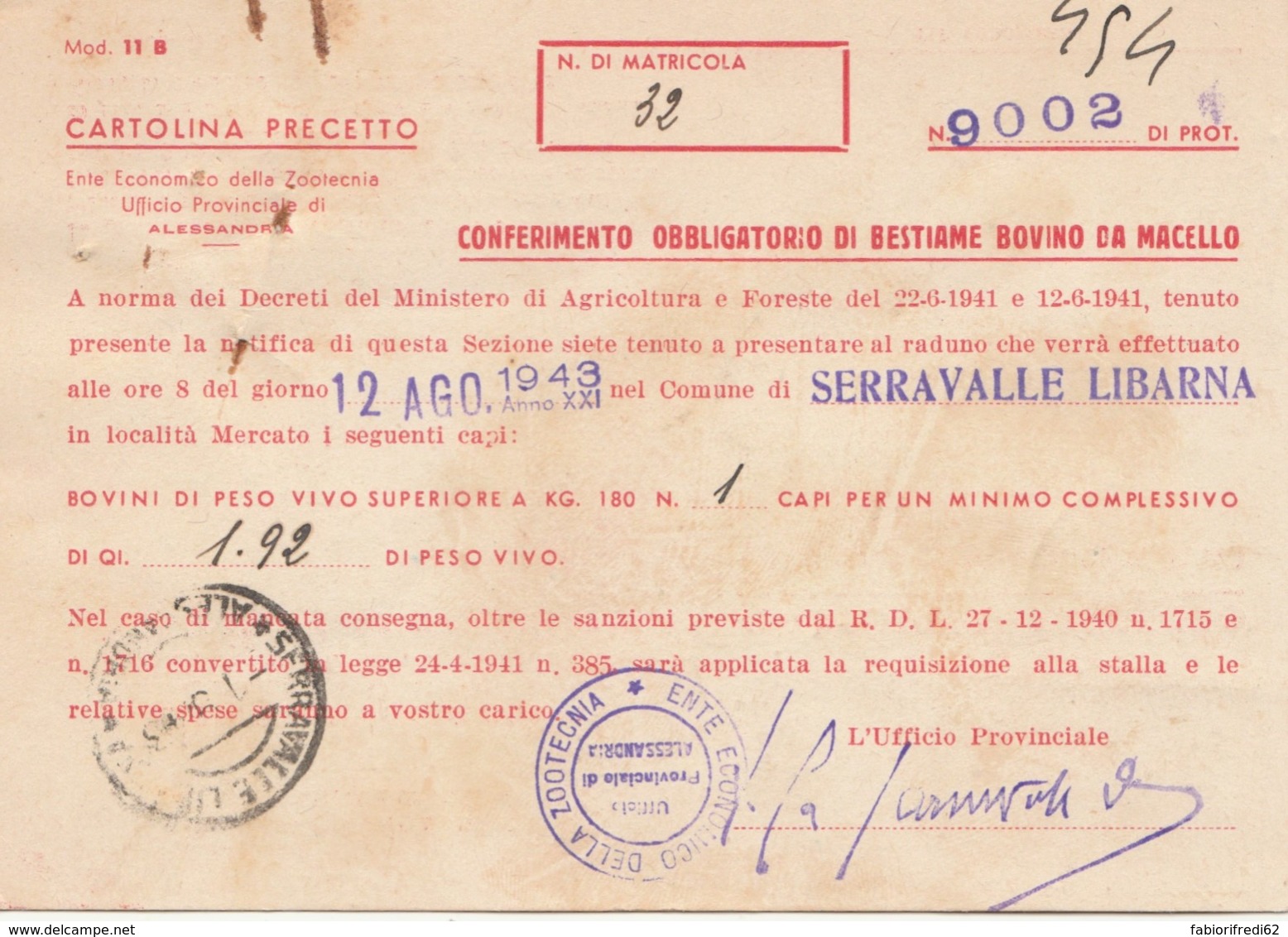 RACCOMANDATA CARTOLINA PRECETTO CON 3X30 C.1943  (LV429 - Storia Postale