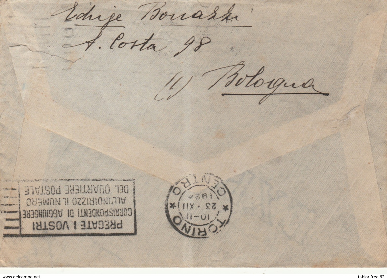 LETTERA 1924 50 C TIMBRO BOLOGNA TORINO PREGATE I VOSTRI (LV454 - Storia Postale