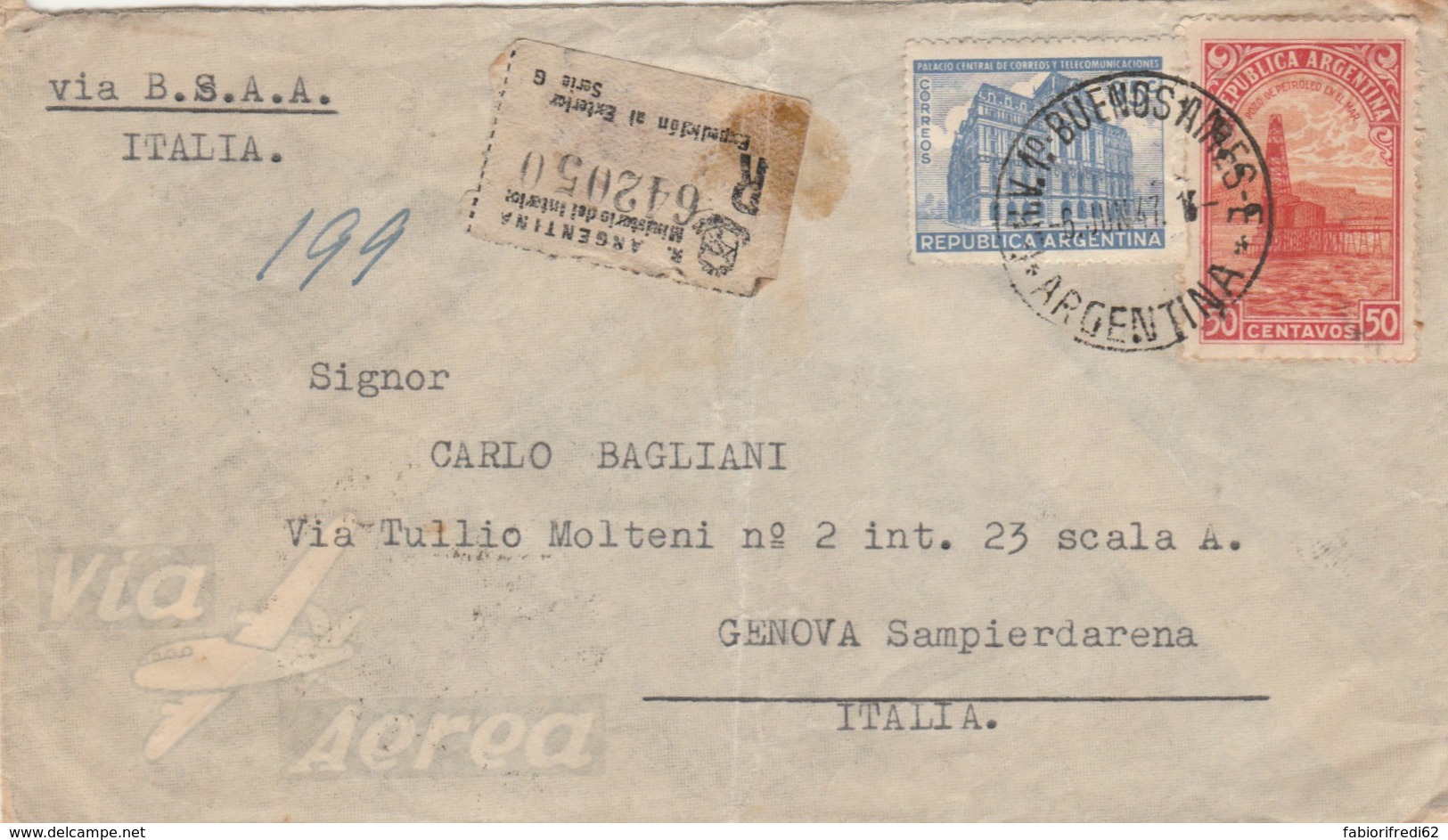 RACCOMANDATA 1947 ARGENTINA TIMBRO BUENOS AIRES SAN PIER D'ARENA (LV479 - Storia Postale