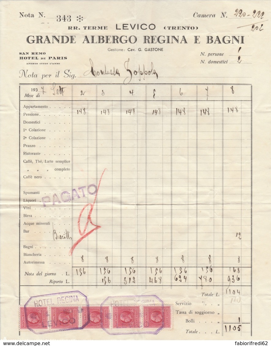 FATTURA 1933 GRANDE ALBERGO LEVICO TRENTO CON 5 MDB  (LV484 - Marcophilie