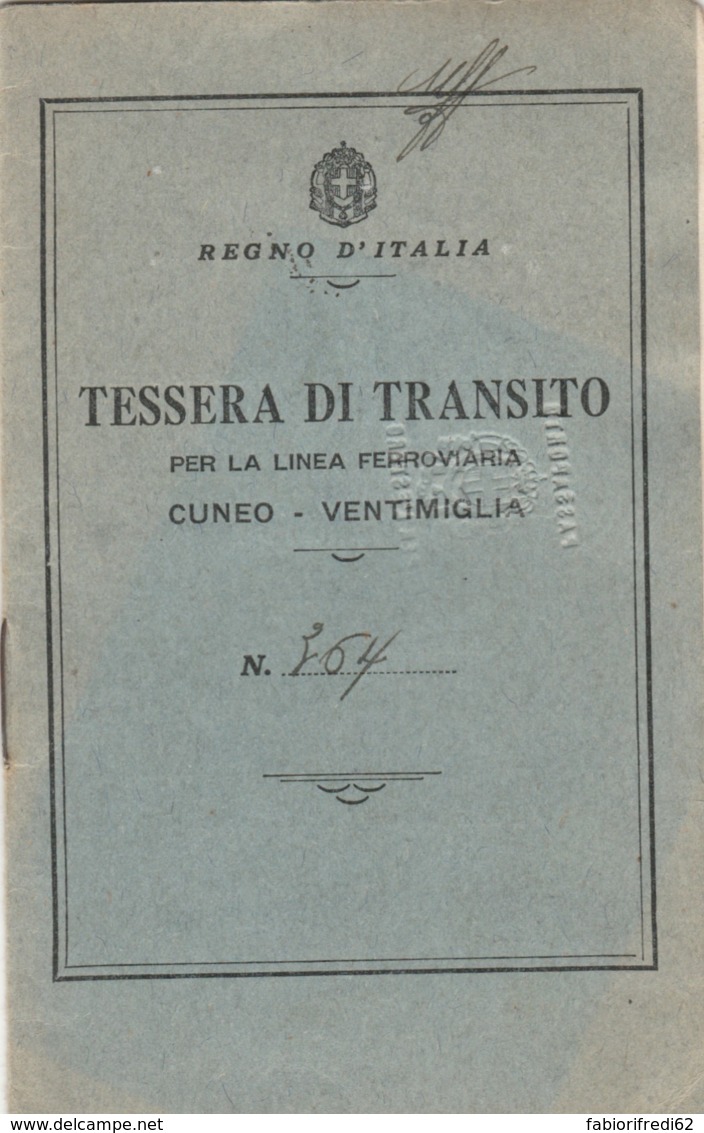 TESSERA TRANSITO LINEA AFERROVIARIA CUNEO VENTIMIGLIA 1941 (LV497 - Europe