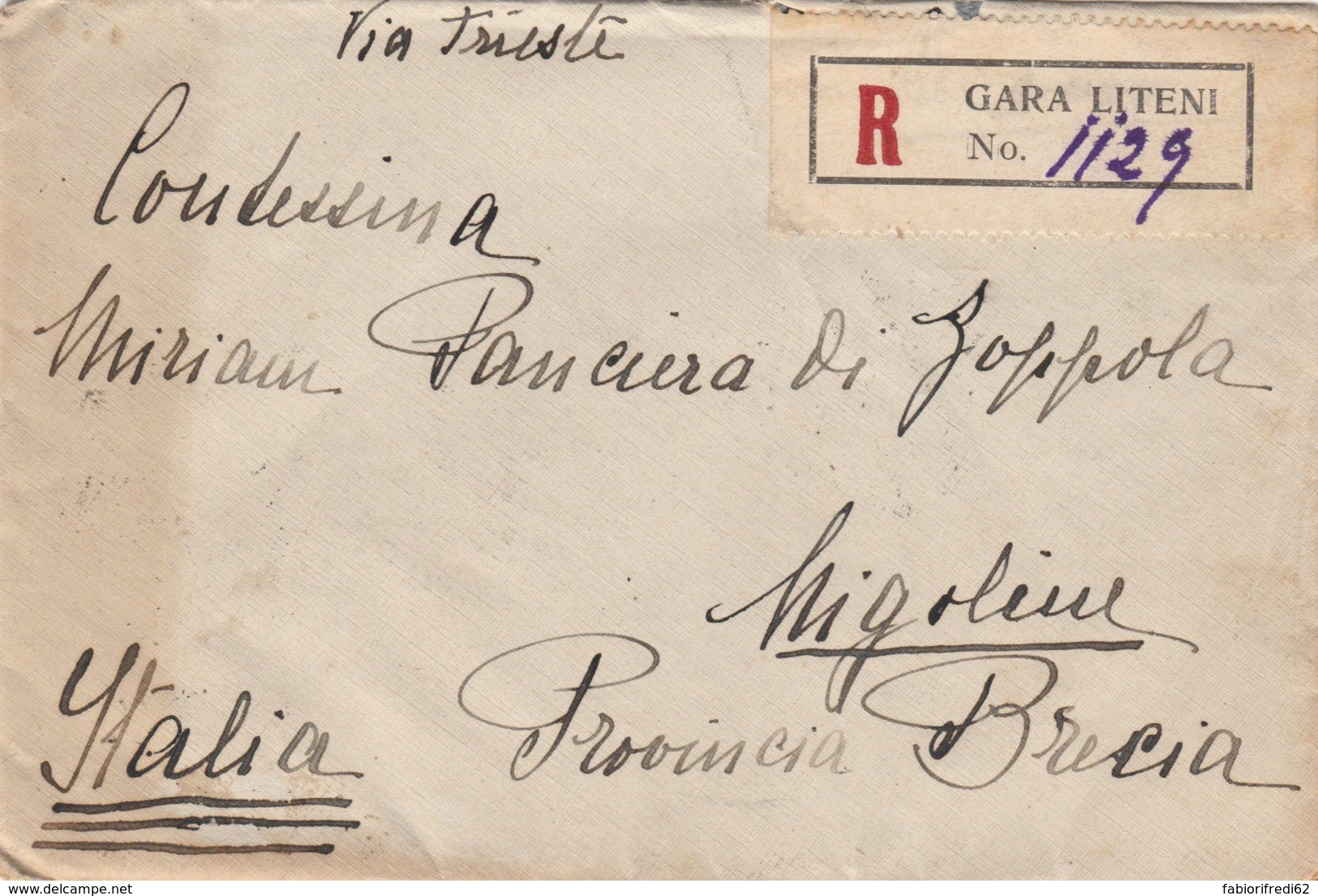 RACCOMANDATA 1920 5X1 ROMANIA -TIMBRO TRIESTE NIGOLINE (LV511 - Briefe U. Dokumente