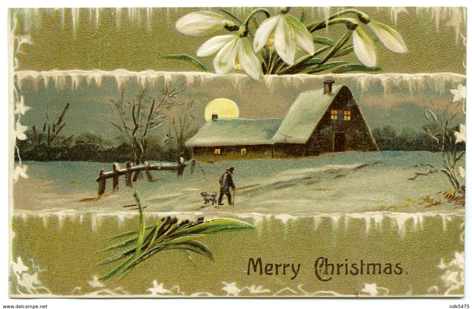 MERRY CHRISTMAS : WINTER SCENE - COTTAGE, MOON, SNOWDROPS (EMBOSSED) - Other & Unclassified