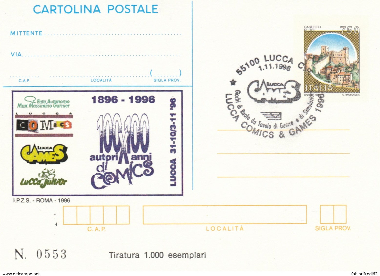 INTERO POSTALE LUCCA COMICS 1996 ANNULLO SPECIALE - TIR.1000 (LV761 - Interi Postali