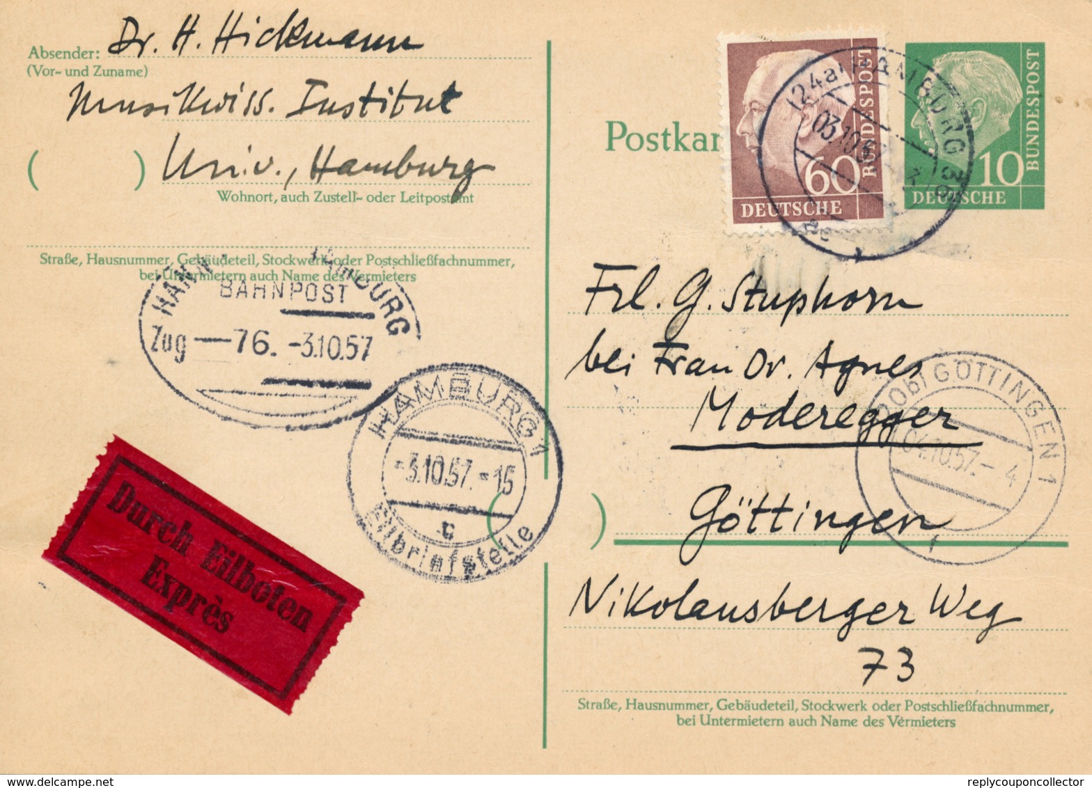 HAMBURG - 1957 , Heuss Express-Ganzsache Nach Göttingen - Postkarten - Gebraucht
