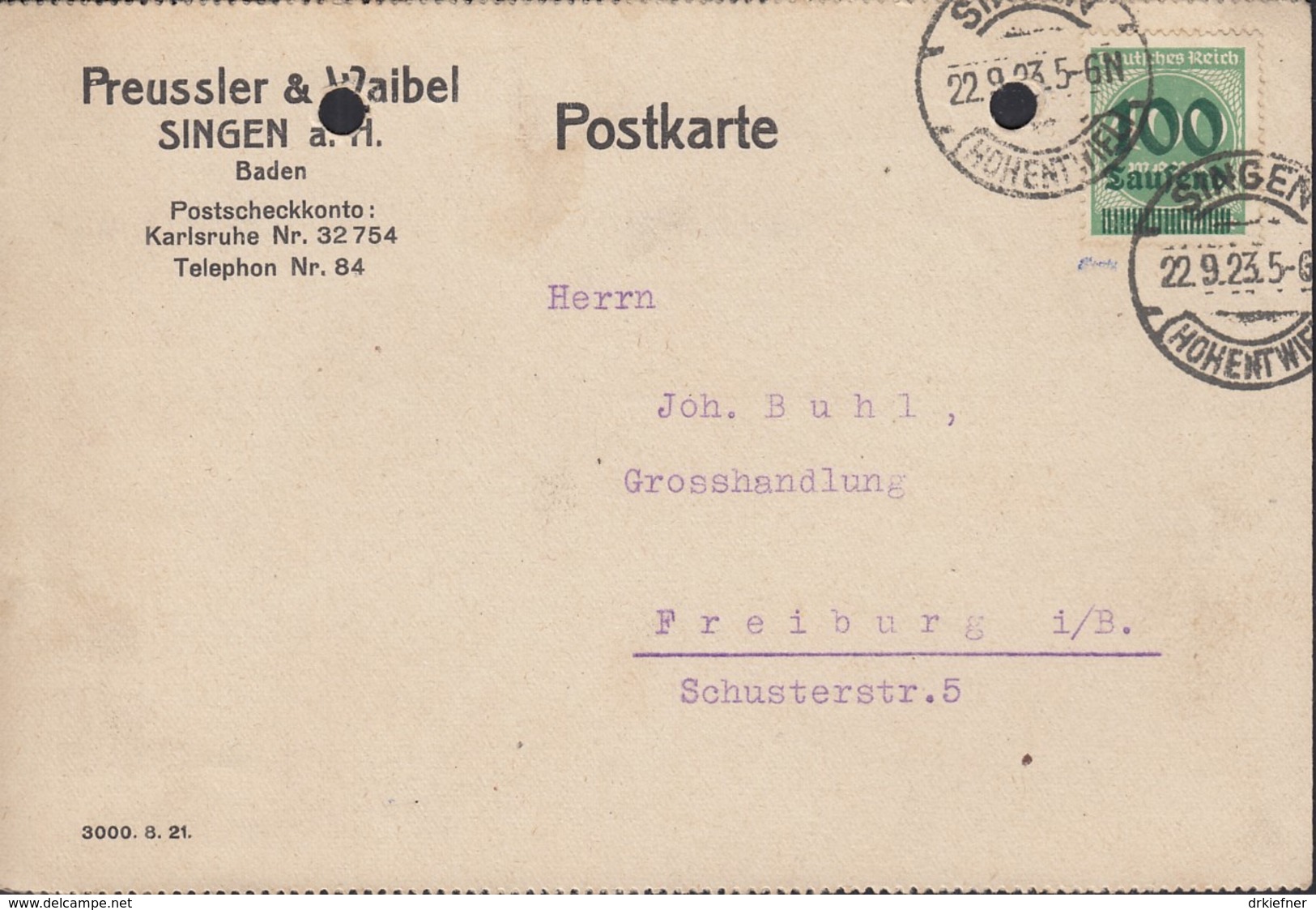 INFLA DR 290 EF, Geprüft, Auf PK Der Fa. Preussler & Waibel, Mit Stempel: Singen 22.9.1923 - Altri & Non Classificati