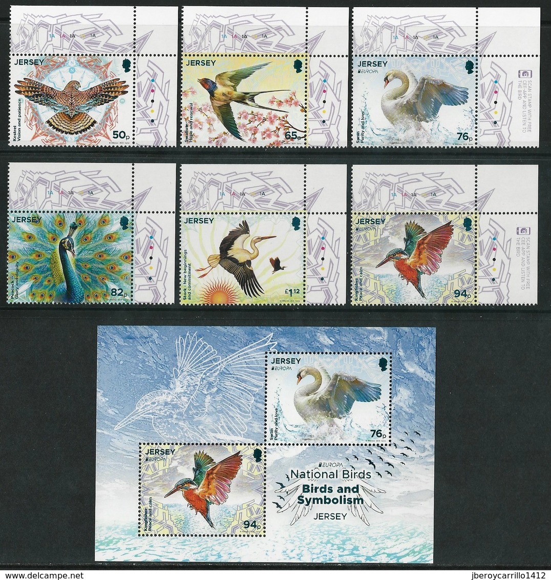 JERSEY - EUROPA 2019 - NATIONAL BIRDS & SYMBOLISH.- "AVES - BIRDS - VÖGEL - OISEAUX"- SERIE 6 V. + HOJITA BLOQUE - 2019