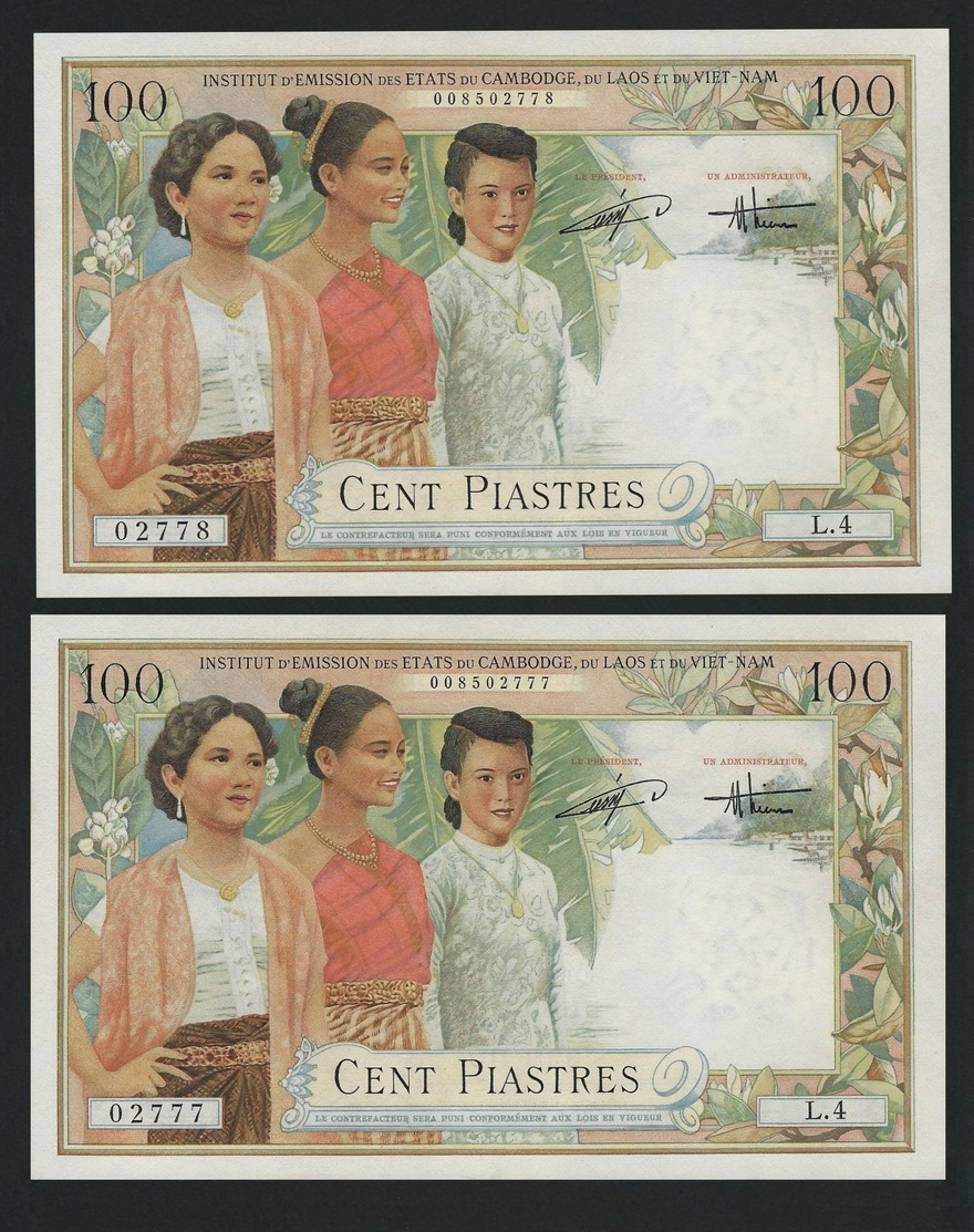 INDOCHINA INDOCHINE French Indo-China / Viet Nam  2 X 100 Piastres ND (1954)  RUNNING NUMBER    GEM  UNC - Indochina