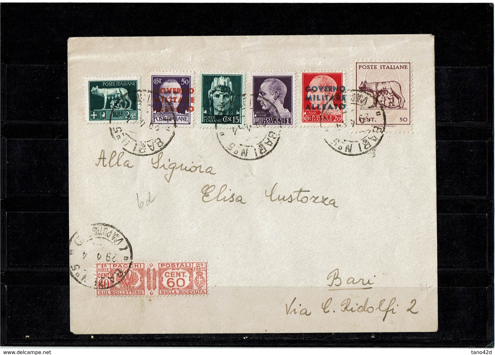 LCTD55B- ITALIE GOVERNO MILITARE ALLEATO LETTRE BARI AVRIL 1944 POUR VILLE - Poststempel