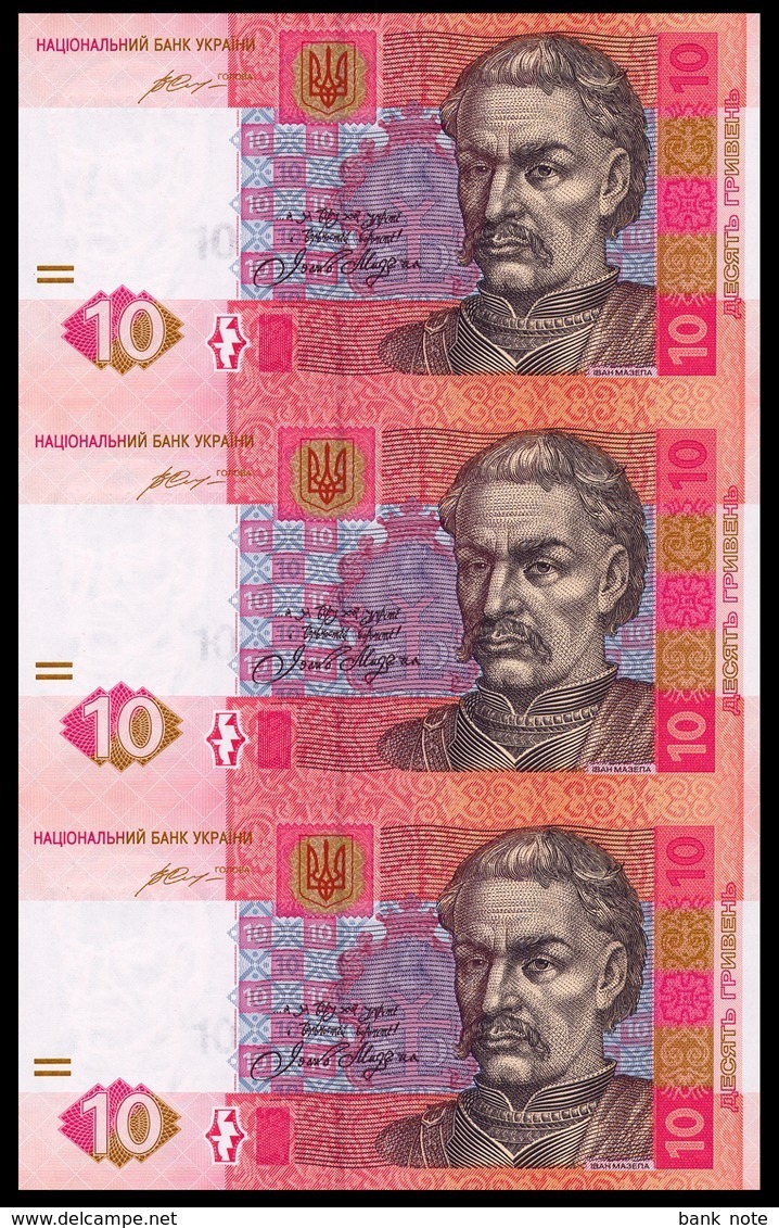 UKRAINE 10 HRYVEN 2015 HONTAREVA UNCUT SHEET / VERTICAL BLOCK OF 3 Pick 119Ad Unc - Ukraine