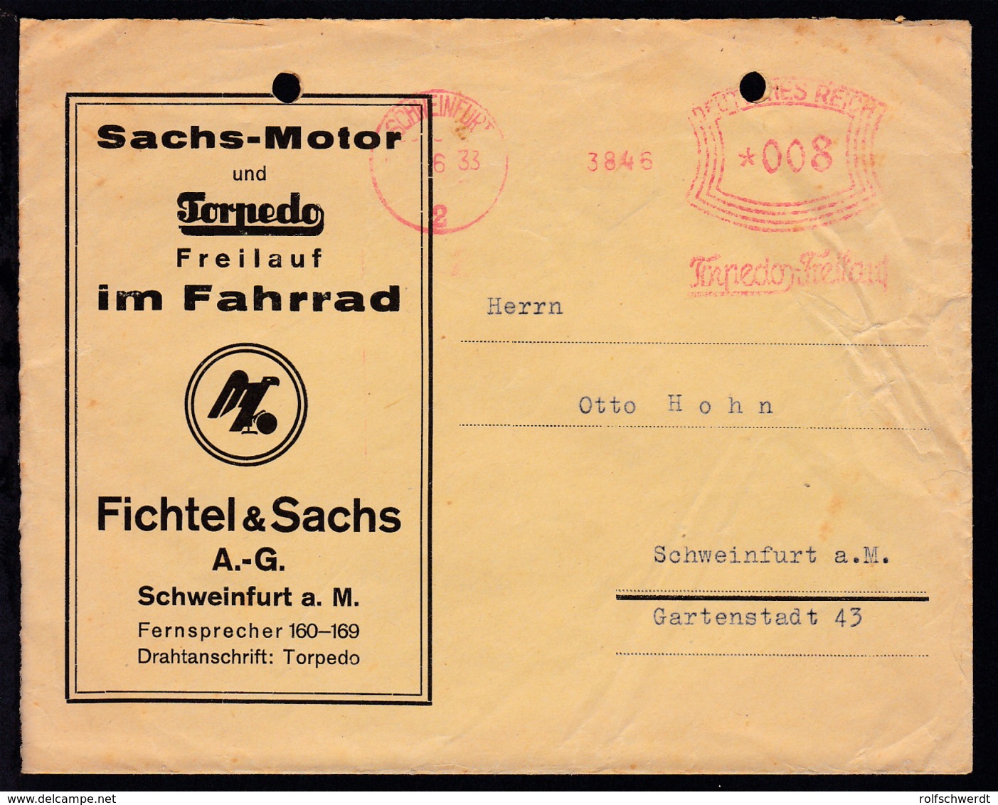 Schweinfurt Absenderfreistempel SCHWEINFURT 2 ?.6.33 Torpedo-Freilauf 3845  - Autres & Non Classés