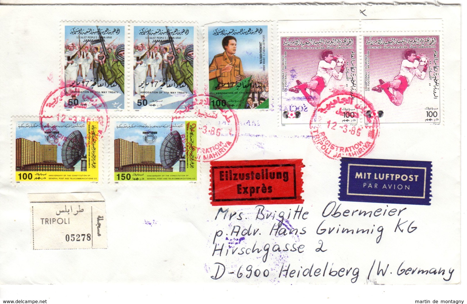 1985-03-12; Registerd-Expres Letter From Tripoli To Heidelberg, With Color Proof; Lot 51140 - Libya