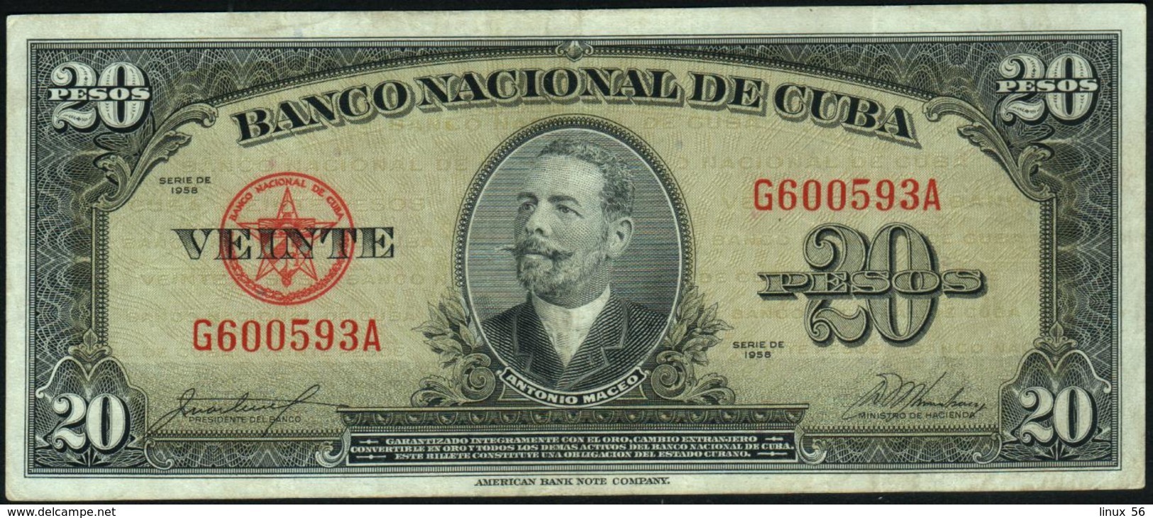 CUBA - 20 Pesos 1958 Fine+ P.80 B - Cuba