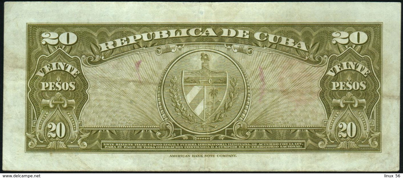 CUBA - 20 Pesos 1958 Fine+ P.80 B - Cuba