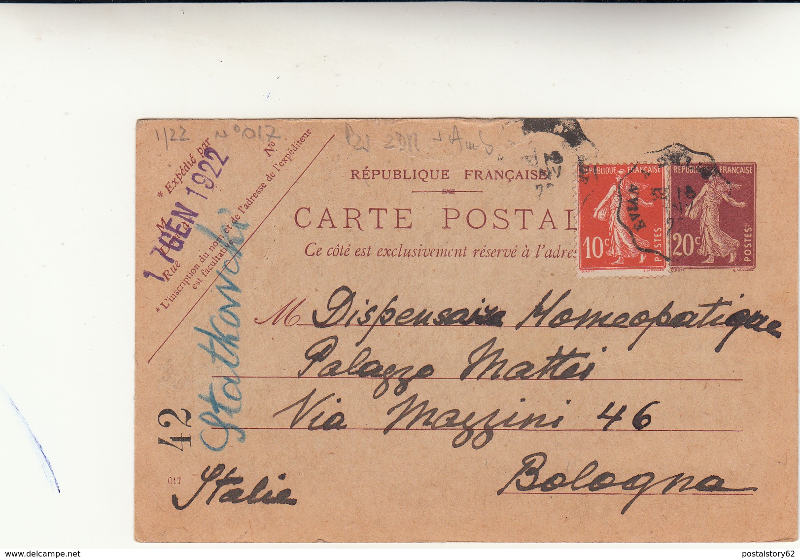 Evian Le Bains To Bologna. Cartolina Intero Postale 1922 - Storia Postale