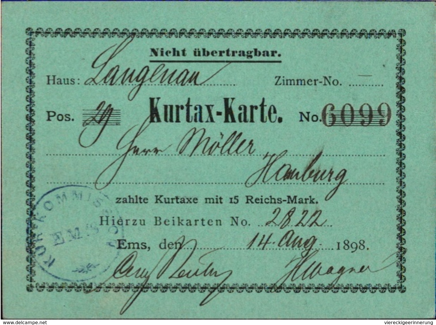 ! Bad Ems, 1898 Kurtaxe Karte - Bad Ems