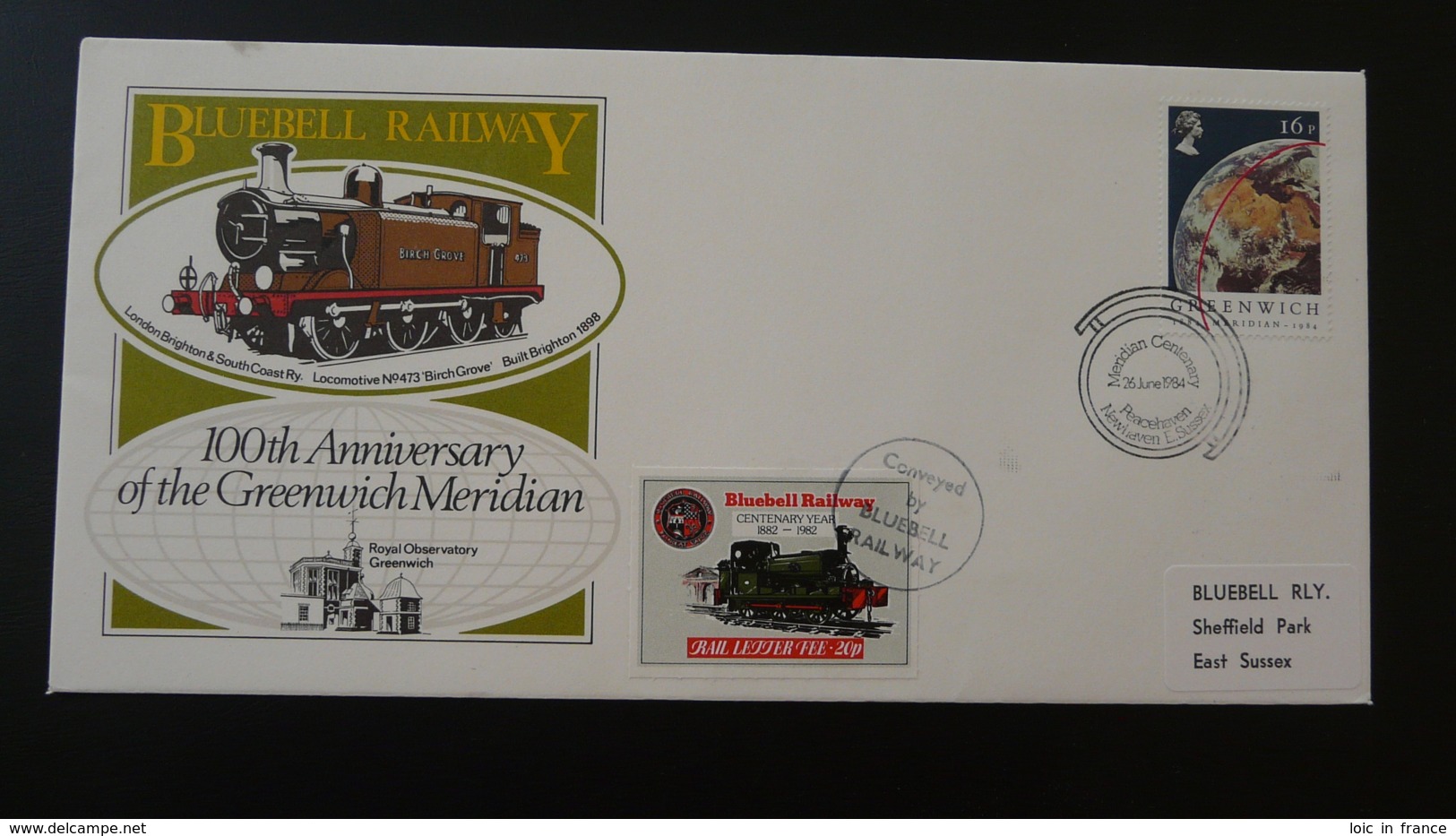 Lettre Cover Train Bluebell Railway Letter GB 100 Years Greenwich Meridian 1984 - Treinen