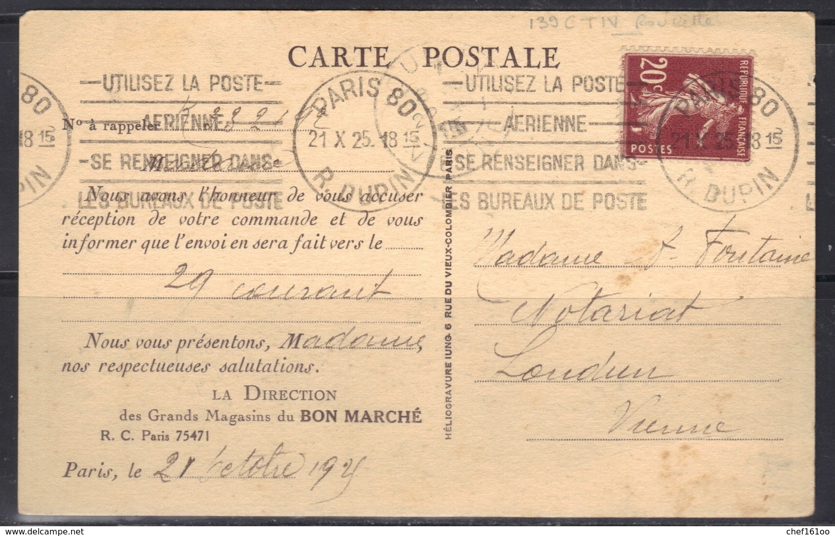 Semeuse N°139/IV De Roulette  (dents Massicotées) Sur Carte Du Bon Marché, 1925. - 1921-1960: Période Moderne