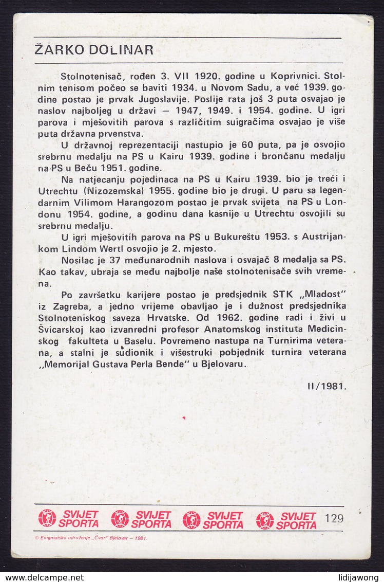 ZARKO DOLINAR - TABLE TENNIS PING PONG CARD 1981 (see Sales Conditions) - Tennis De Table
