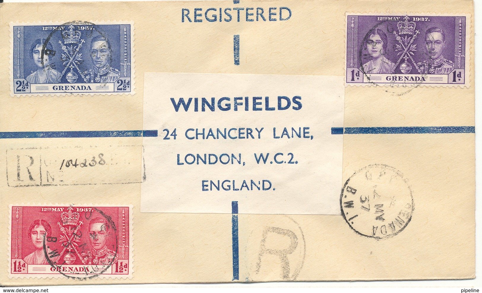 Grenada Registered FDC 12-5-1937 Complete Set Coronation Stamps Sent To England - Grenada (...-1974)