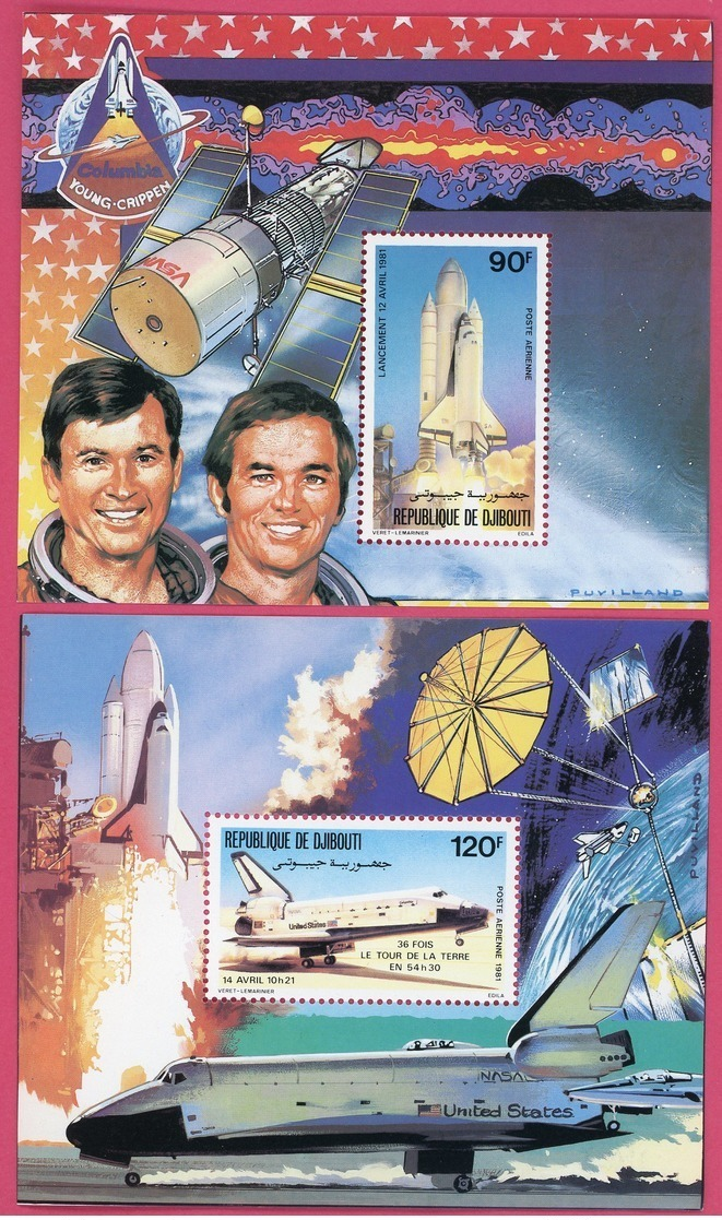 DJIBOUTI 2 Blocs Spéciaux Sur Papier Gommé De La Poste Aérienne N° 155 à 156 CONQUETES SPACIALES  COLUMBIA (1981) - Astronomie