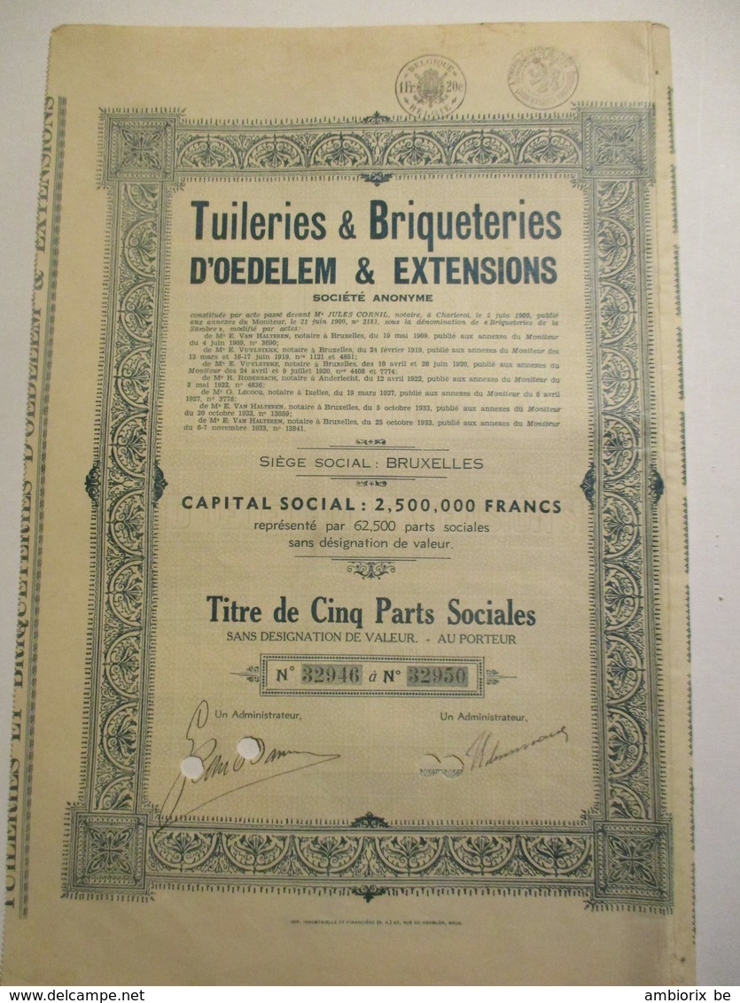 Tuileries Et Briqueteries D'Oedelem Et Extensions - Titre De Cinq Parts Sociales - Industrie