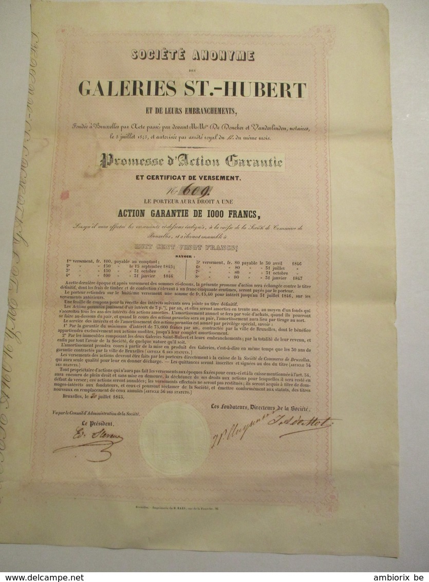Galeries St Hubert - Promesse D'Action Garantie - Document De 1845 - Autres & Non Classés