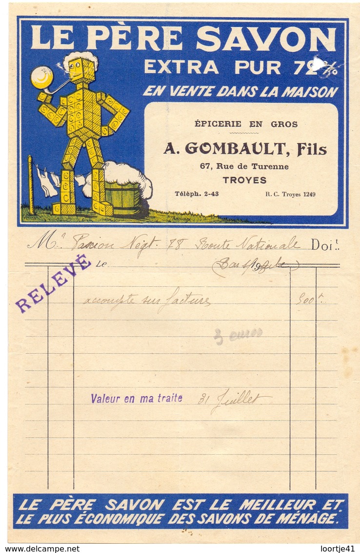 Factuur Facture - Le Père Savon - A. Gombault , Fils - Troyes - Petits Métiers