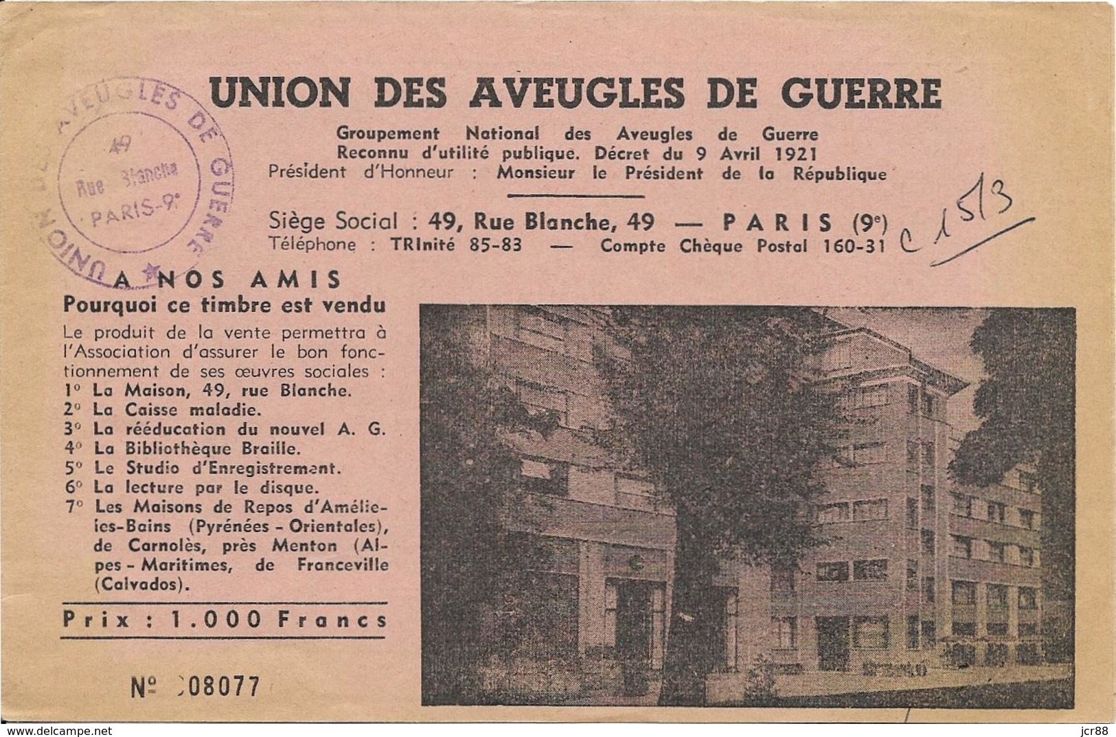 Union Des Aveugles De Guerre 1959 - 1000 F - Neufs