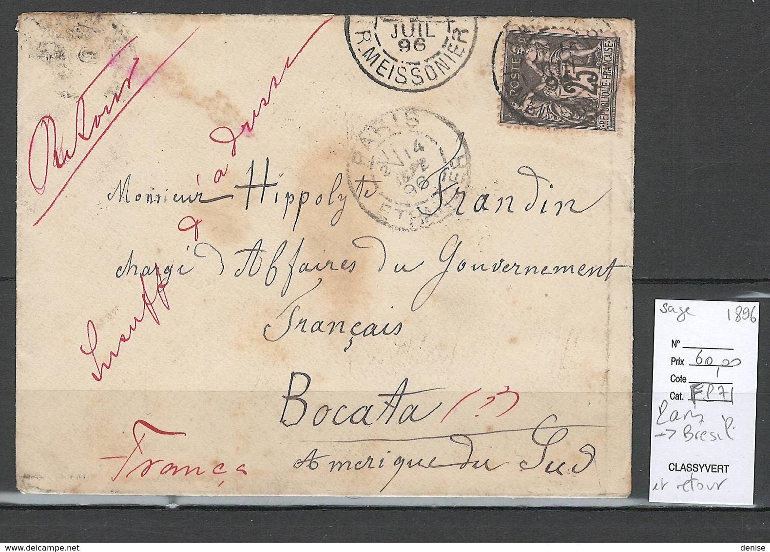 Lettre Pour Le Brésil - Retour à L'envoyeur Aprés Passage à Rio De Janeiro -1896 - Type Sage - 1877-1920: Période Semi Moderne