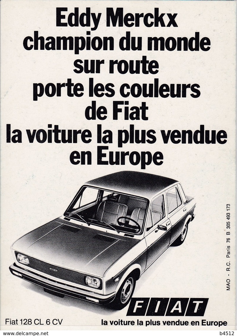 Sports Cyclisme Eddy Merckx Champion Du Monde  Avec Publicité Voiture  Fiat - Cyclisme