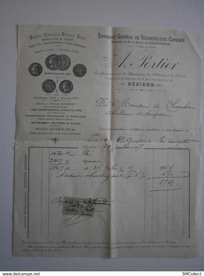 34 Béziers. Fournitures Viticoles A. Portier. Facture Du 29 Juillet 1897 - 1800 – 1899