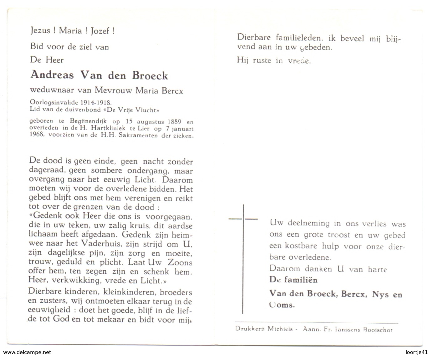 Devotie - Doodsprentje Overlijden Oudstrijder - Andreas Van Den Broeck - Begijnendijk 1889 - Lier 1968 - Décès