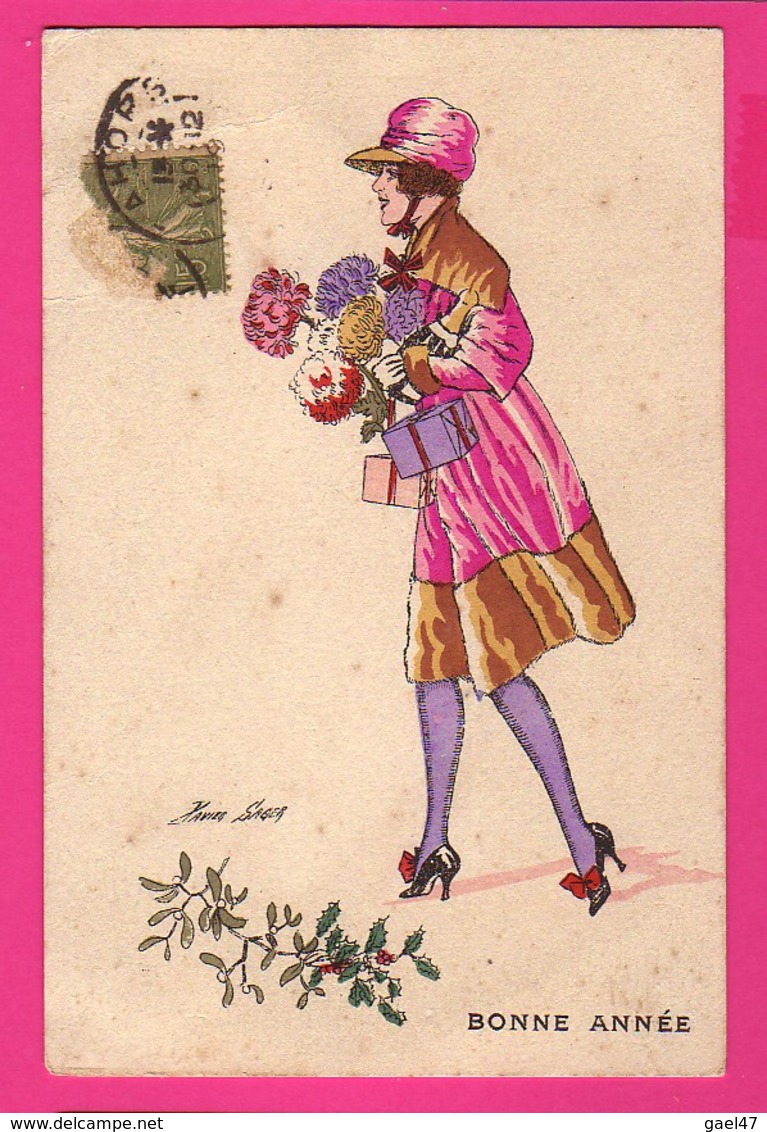 CPA (Ref Z1201) (ILLUSTRATEUR XAVIER SAGER) Femme Avec Bouquet De Fleurs  Gui Et Houx  Bonne Année - Sager, Xavier