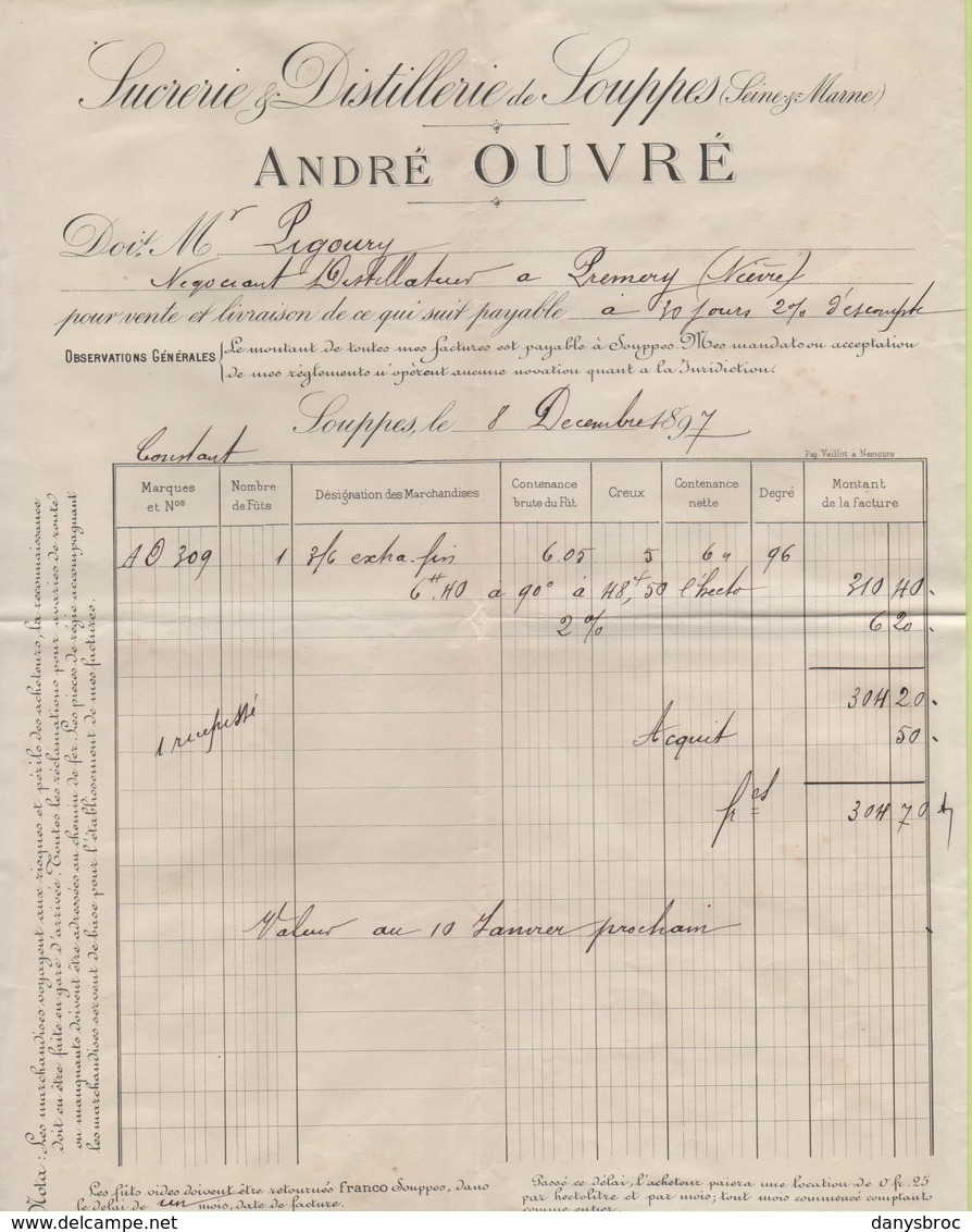 Facture Document - ANDRE OUVRE - SUCRERIE DISTILLERIE De SOUPPES (77) Le 8/12/1897 - Alimentaire