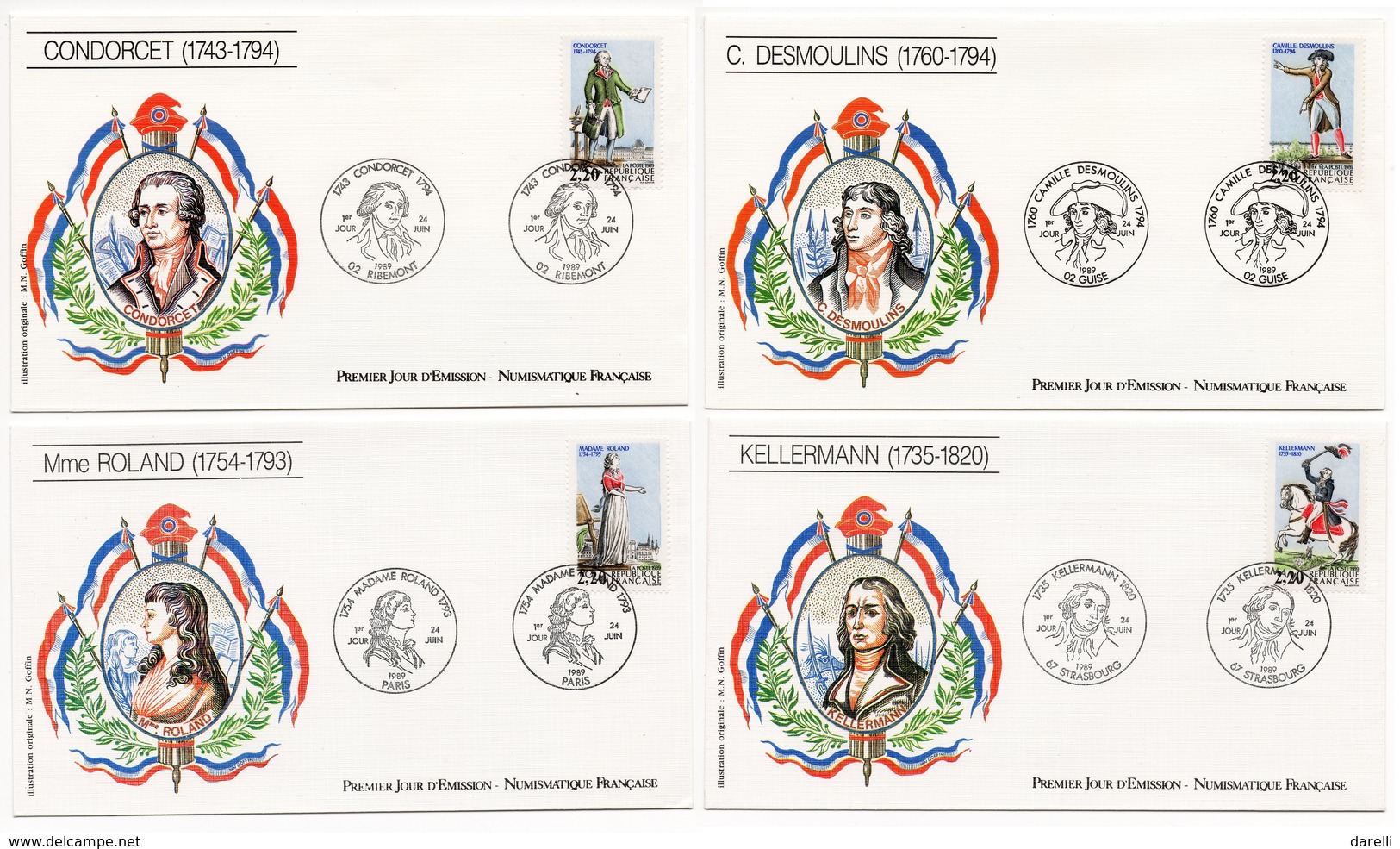 FDC France 1989 - Personnages Célèbres De La Révolution Condorcet, Madame Roland, Desmoulins, Kellermann YT 2592 à 2595 - 1980-1989