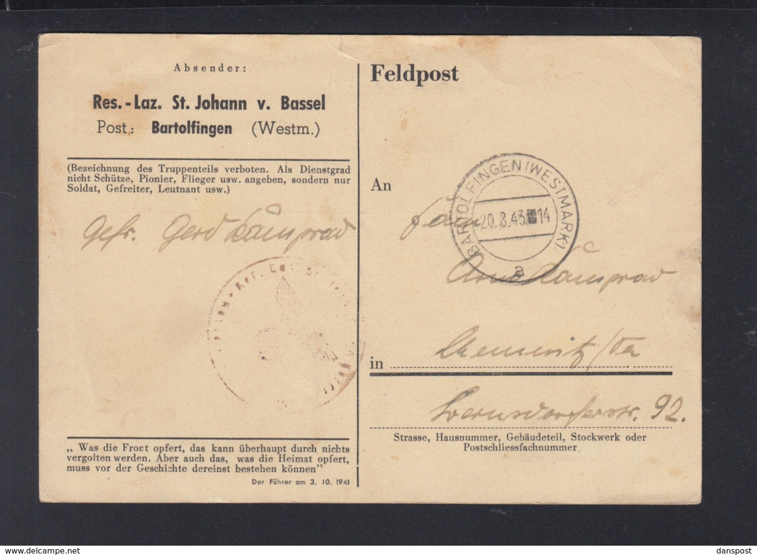 Dt. Reich Feldpost Res.-Laz. St. Johann V. Bassel Frankreich Bartolfingen 1943 - Covers & Documents