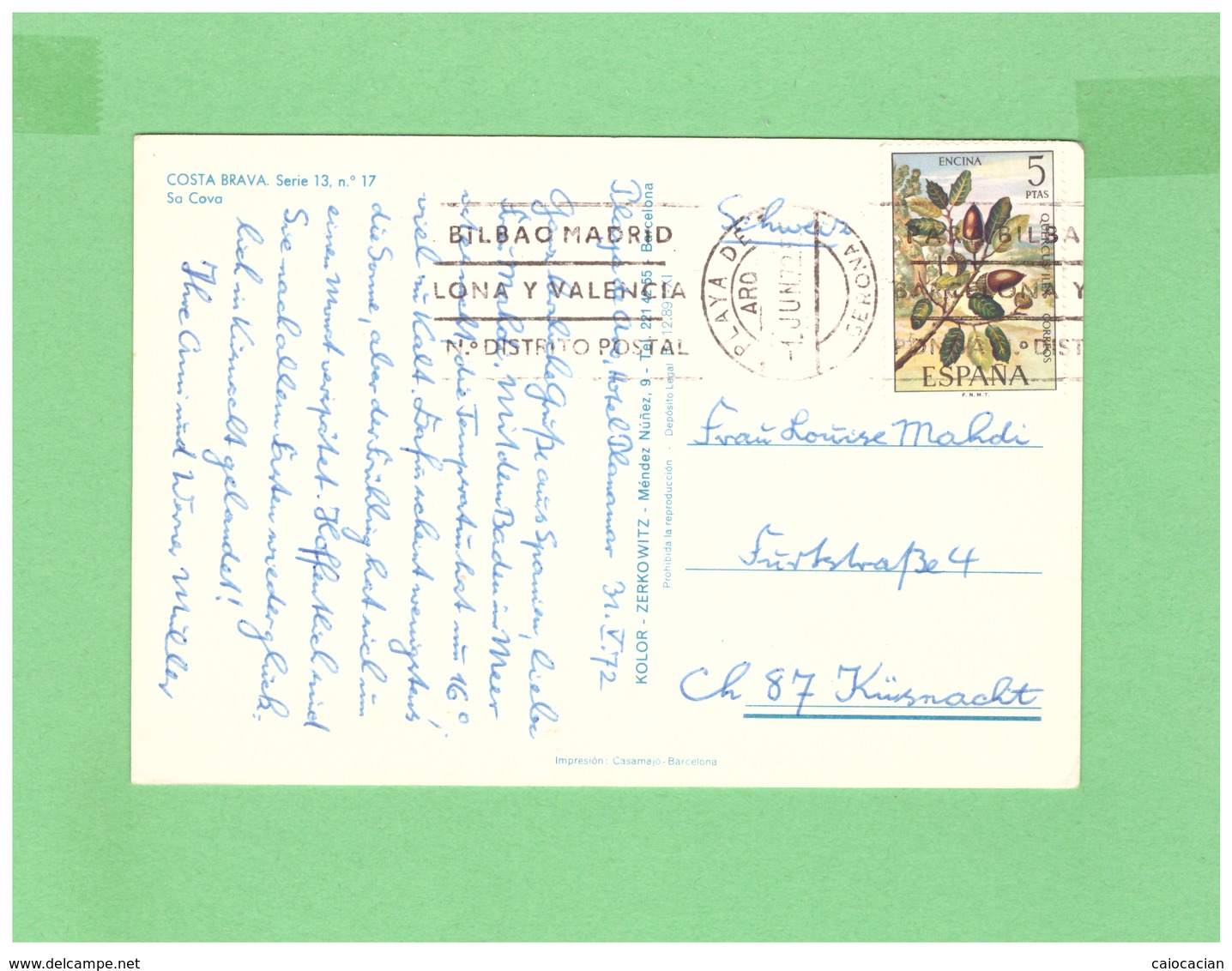 1972 ESPANA SA COVA POSTCARD WITH 1 STAMP TO SWISS - Lettres & Documents