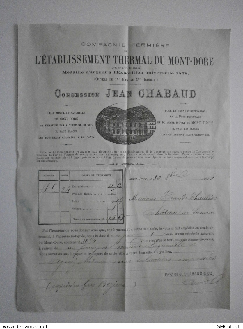 63 Le Mont Dore. Etablissement Thermal, Concession Jean Chabaud. Facture Du 30 Octobre 1894 - 1800 – 1899