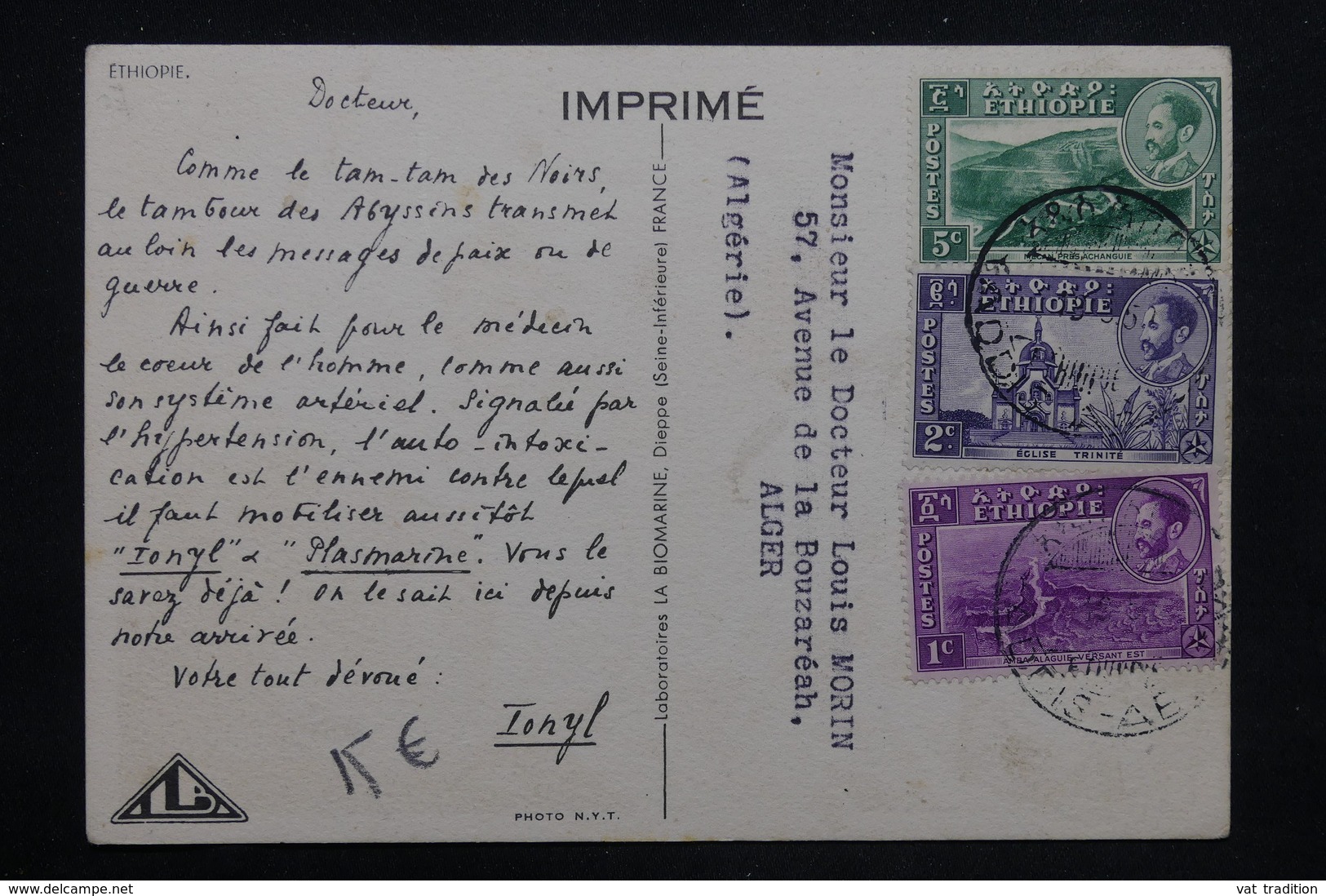 ETHIOPIE - Carte Médicale ( Biomarine De Dieppe) Pour Alger - L 24735 - Ethiopië