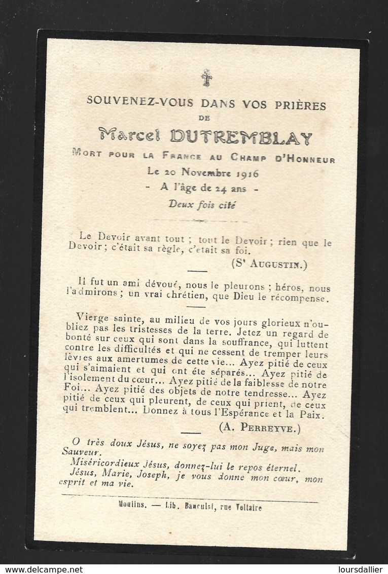 Faire Part Décès Marcel DUTREMBLAY Mort Pour La France Sur Le Champs D'honneur Le 20 11 1916 2 Fois Cités à 24 Ans - Décès