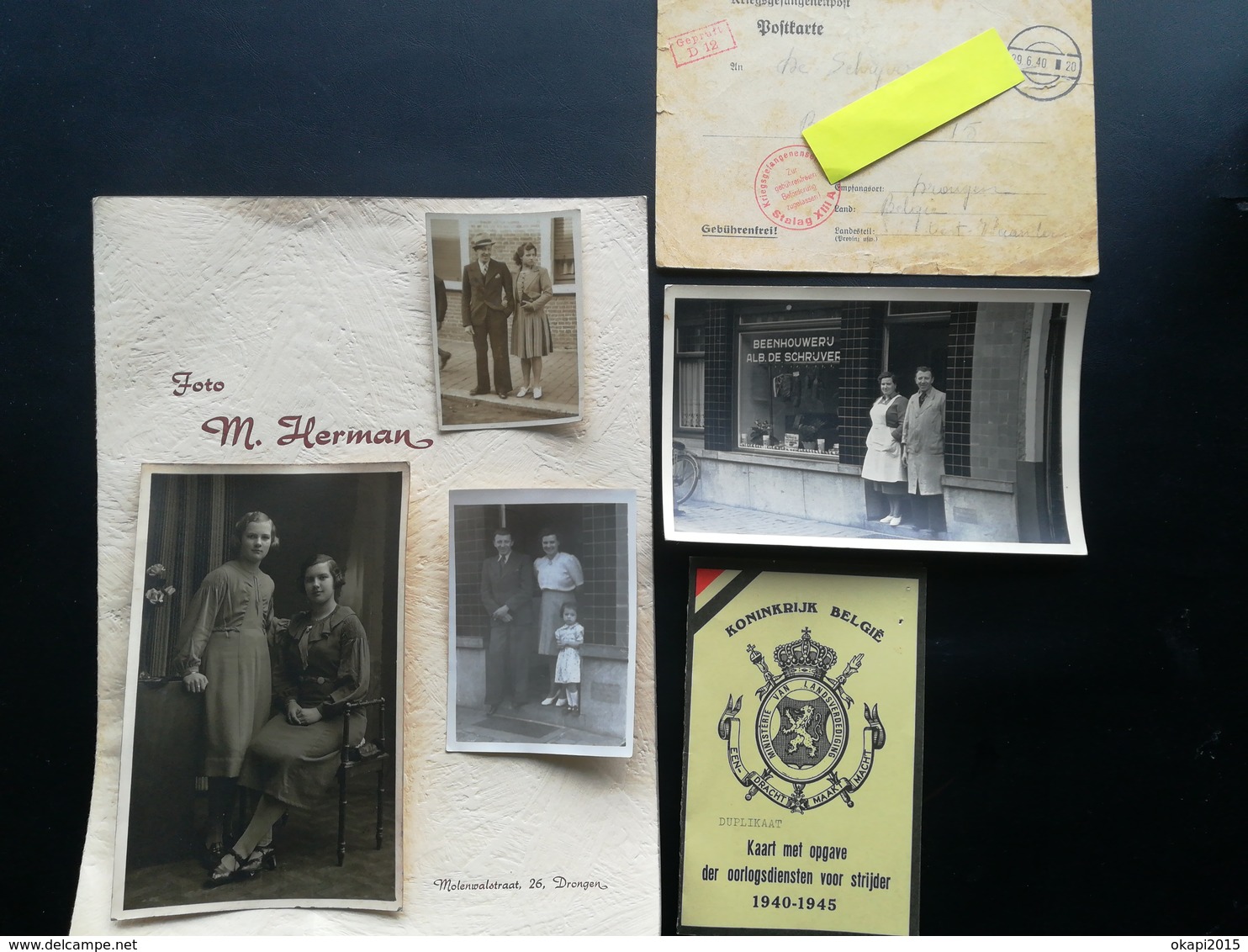 BEENHOUWERIJ  "ALB. DE SCRIJVER" CARTE POSTALE PHOTOGRAPHE ANTWERPEN BELGIQUE + 2 documents guerre 1939 - 1945 + photos