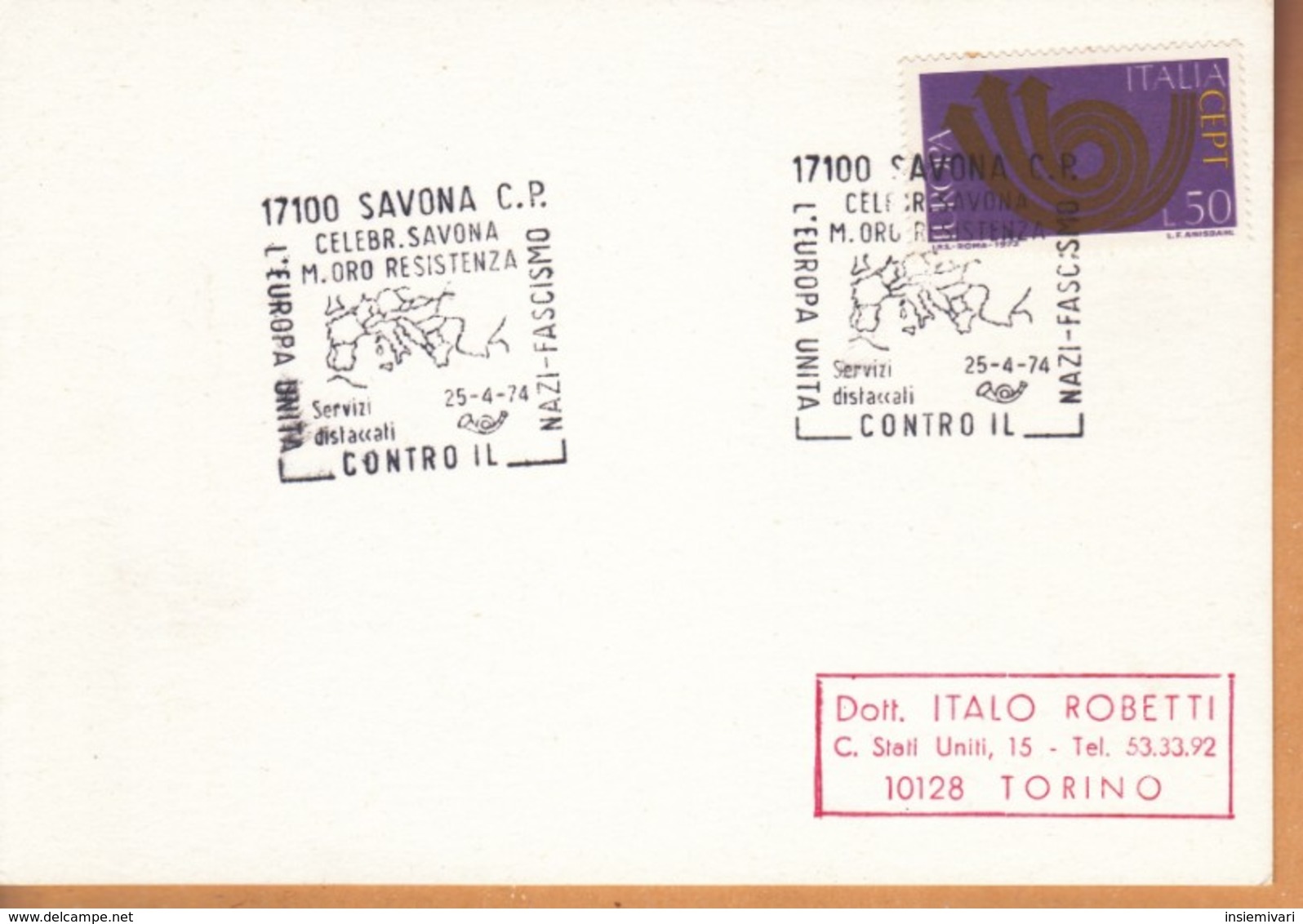 Cartoncino Marcofilo ITALIA 1973 - SAVONA 25/04/1974. - Altri & Non Classificati