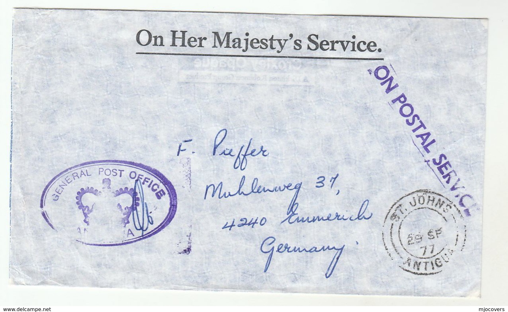 1977 ANTIGUA  OHMS POSTAL SERVICE COVER  To Germany - 1960-1981 Ministerial Government